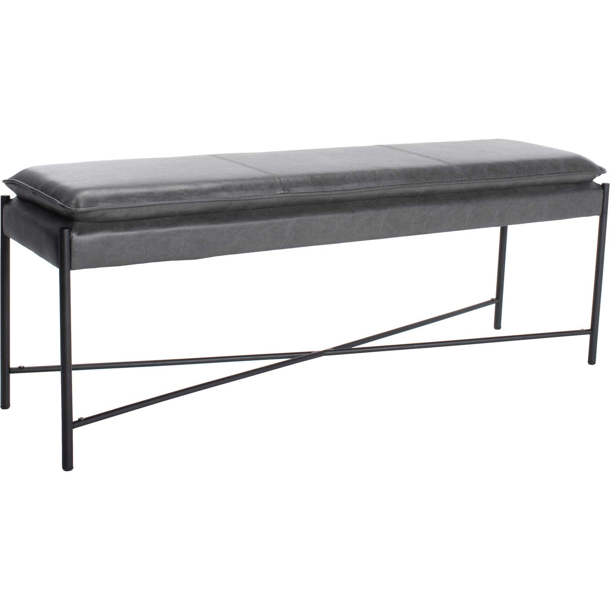 Dark gray faux leather cushion tops a sleek black metal bench with X-shaped bracing || BCH6402A || front_angle_studio