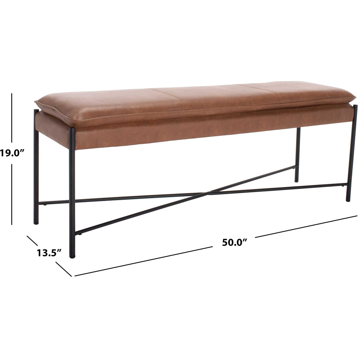 Brown cushioned bench measures 50 inches wide, 13.5 inches deep and 19 inches high