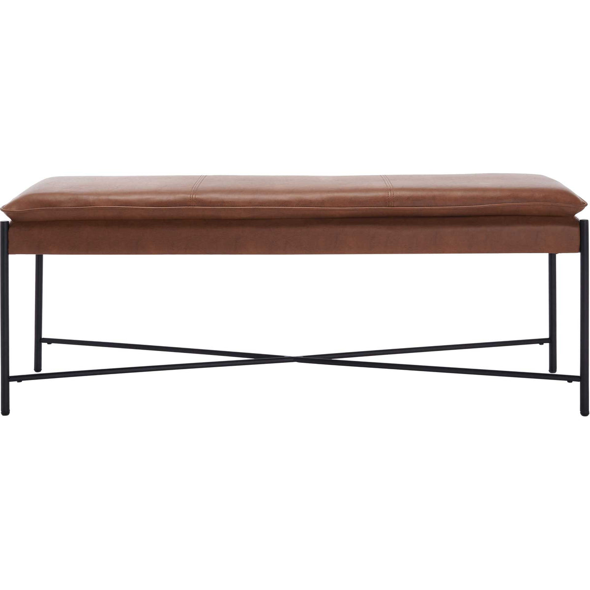Long brown padded seat rests on slender black metal legs with crossed lower supports || BCH6402B || front_studio