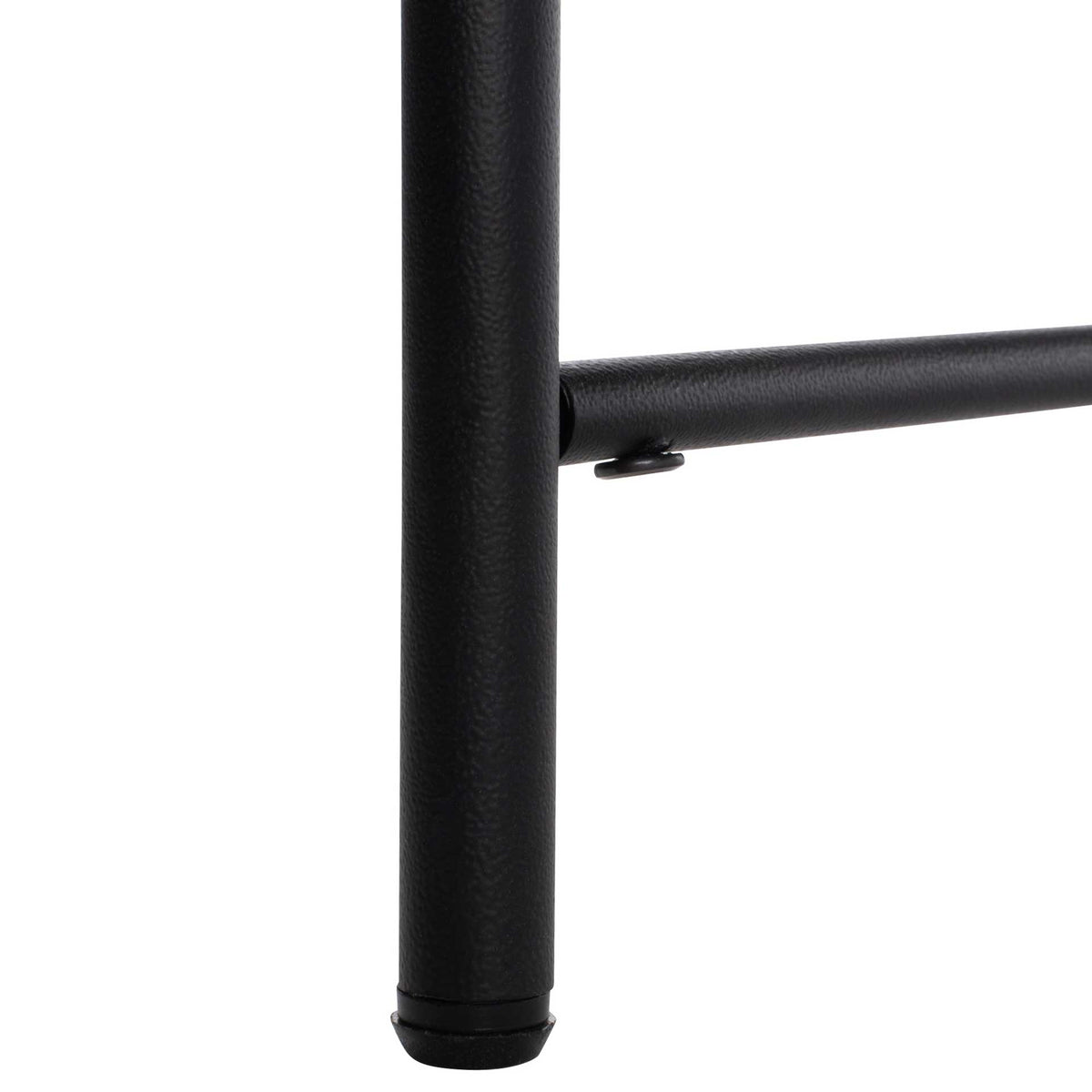 Rounded black metal leg connects to a slim crossbar beneath the upholstered seat