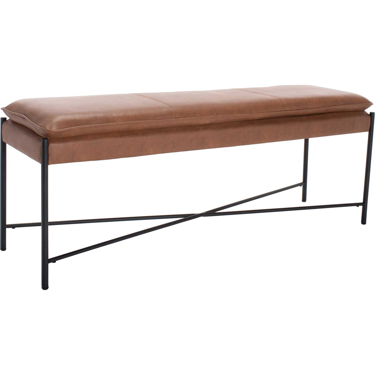 Warm brown faux leather cushion and slim black X-braced frame give this bench an airy look || BCH6402B || front_angle_studio