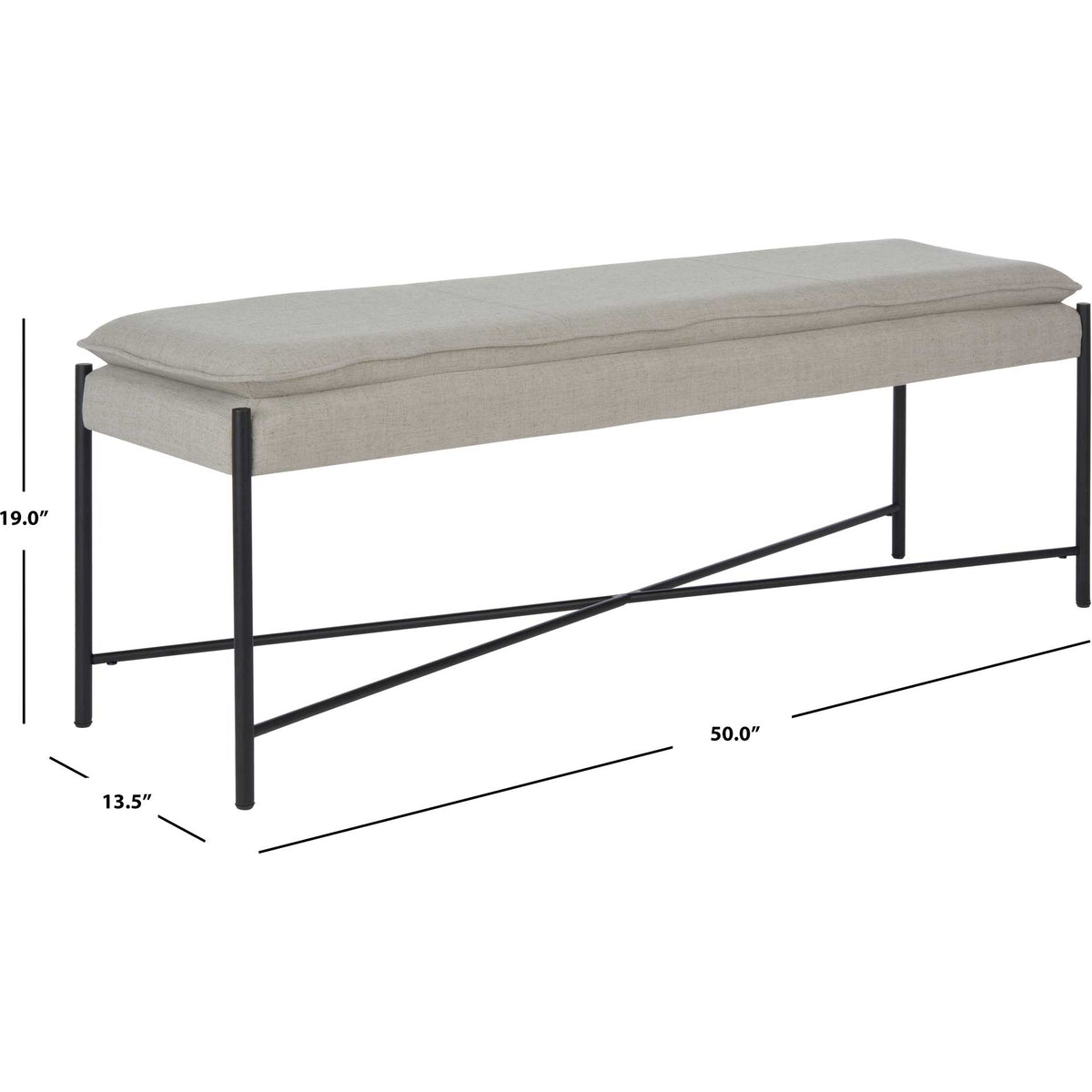 Light gray upholstered bench measures 50 inches wide, 13.5 inches deep and 19 inches high