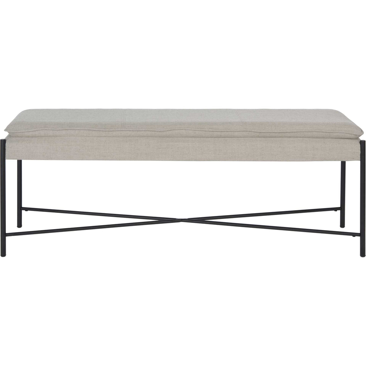 Long light gray cushioned seat rests on slim black legs with crossed lower bars || BCH6402C || front_studio
