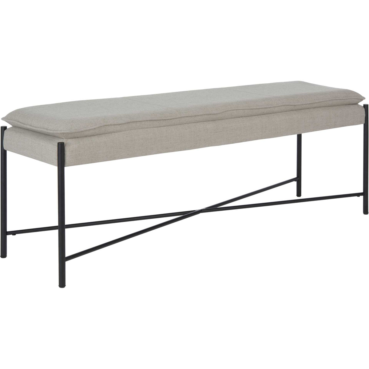 Light gray linen upholstery tops a streamlined black metal bench with X-shaped bracing || BCH6402C || front_angle_studio