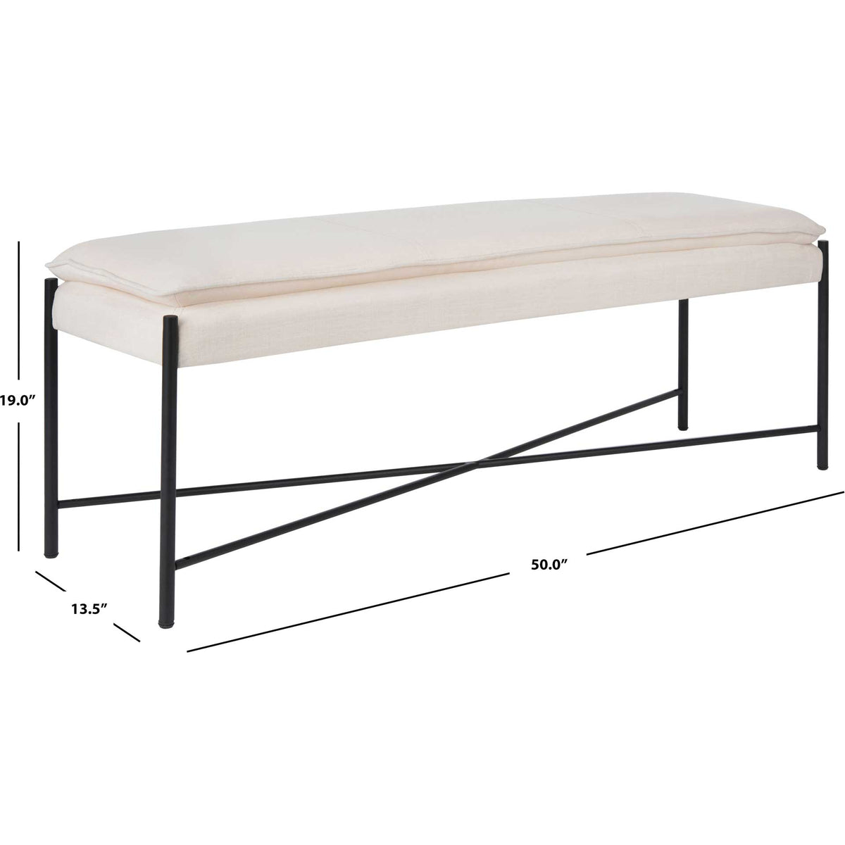 Light beige cushioned bench measures 50 inches wide, 13.5 inches deep and 19 inches high