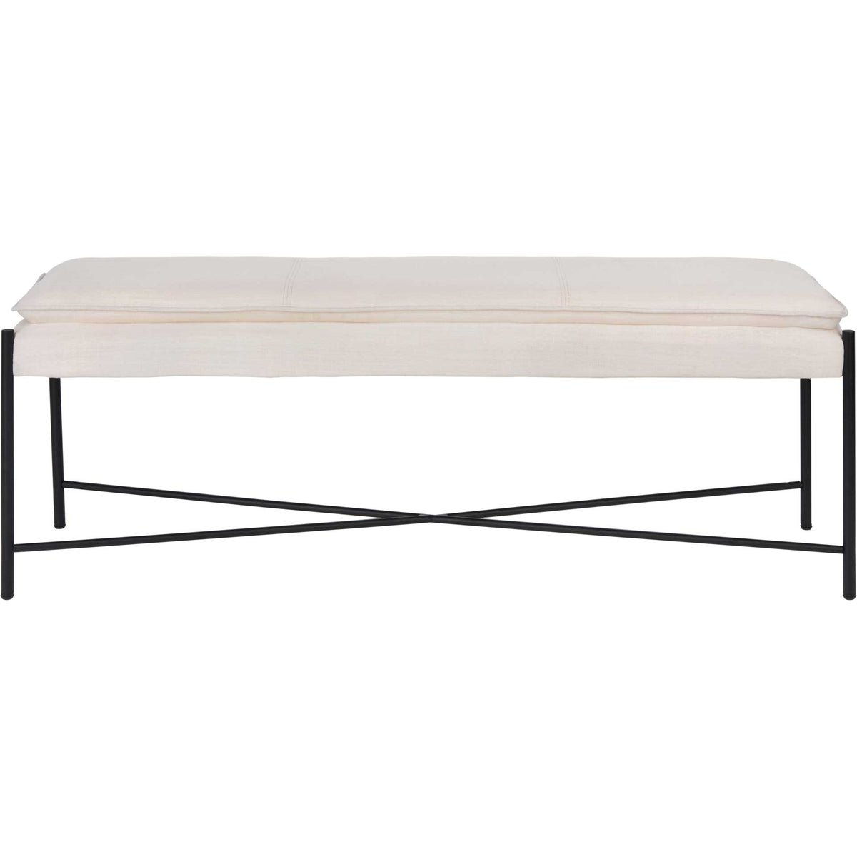 Pale beige upholstered bench rests on slim black legs with an X-shaped lower brace || BCH6402D || front_studio