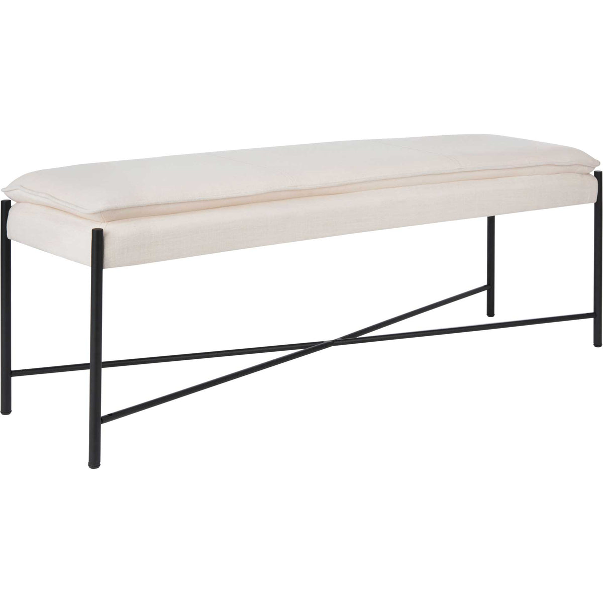Light beige linen cushion softens a sleek black metal bench with crossed lower supports || BCH6402D || front_angle_studio
