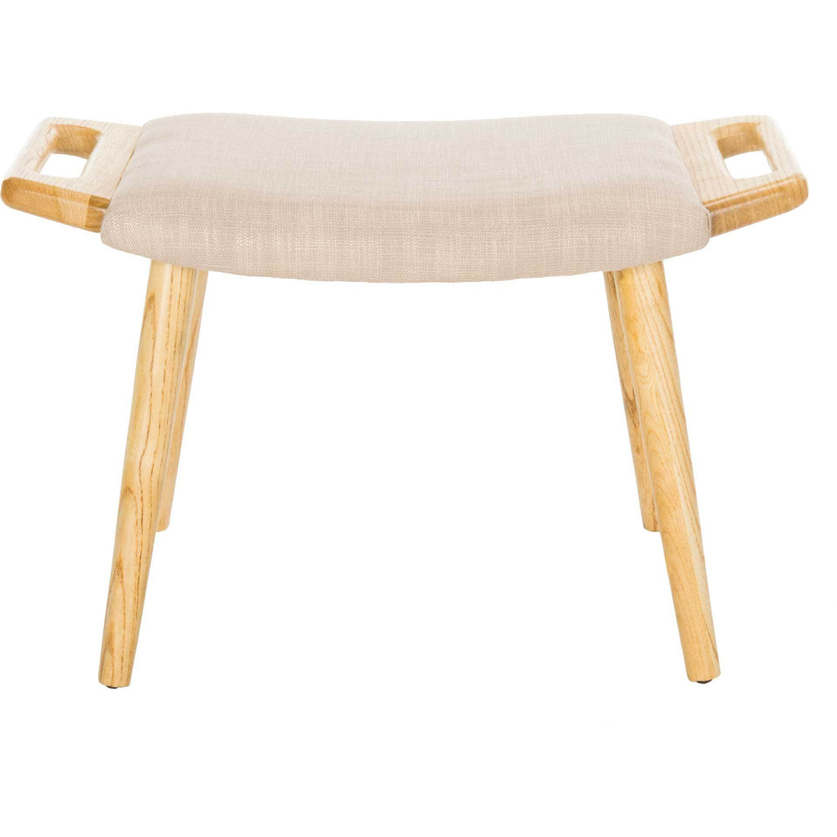 A soft beige upholstered seat pairs with open elm wood handles and slim, splayed legs. || BCH9500A || front_studio