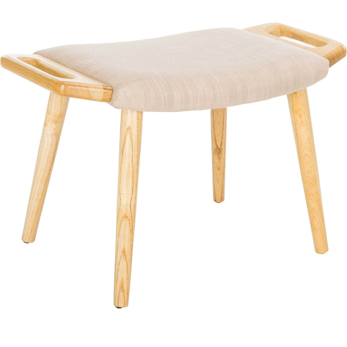 A curved beige cushion rests in a natural wood frame with cutout grips at each end. || BCH9500A || front_angle_studio