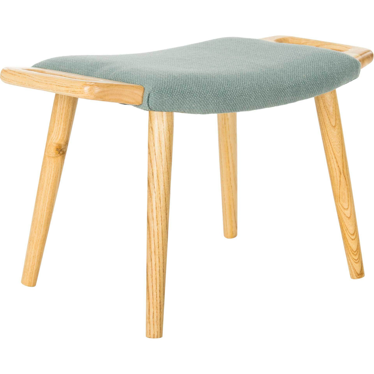 A muted blue cushion tops a light elm frame with open end grips and slender, angled legs.