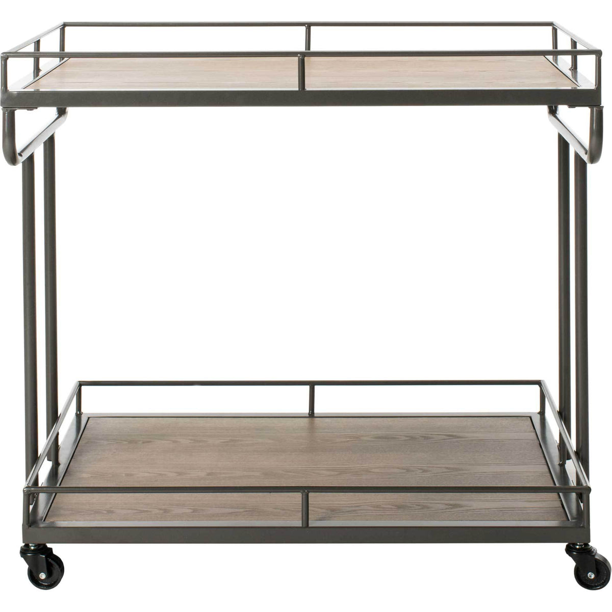 Two wood-grain serving shelves sit within gunmetal rails above rolling casters || BCT6200A || front_studio