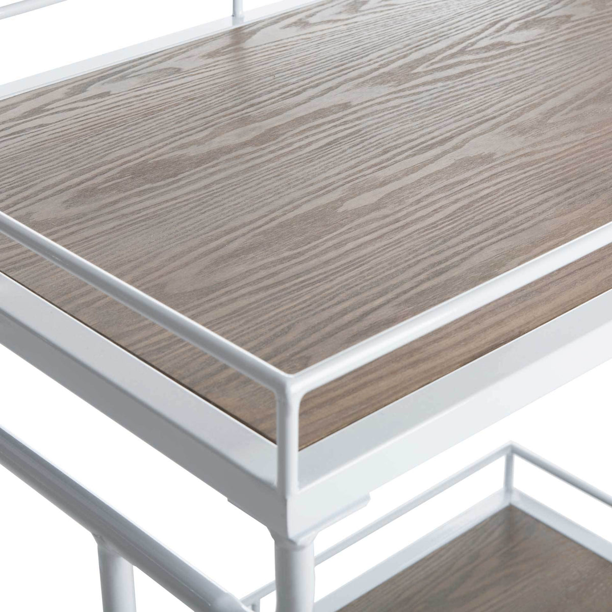 Textured oak-look grain adds warmth to a serving shelf edged in bright white metal