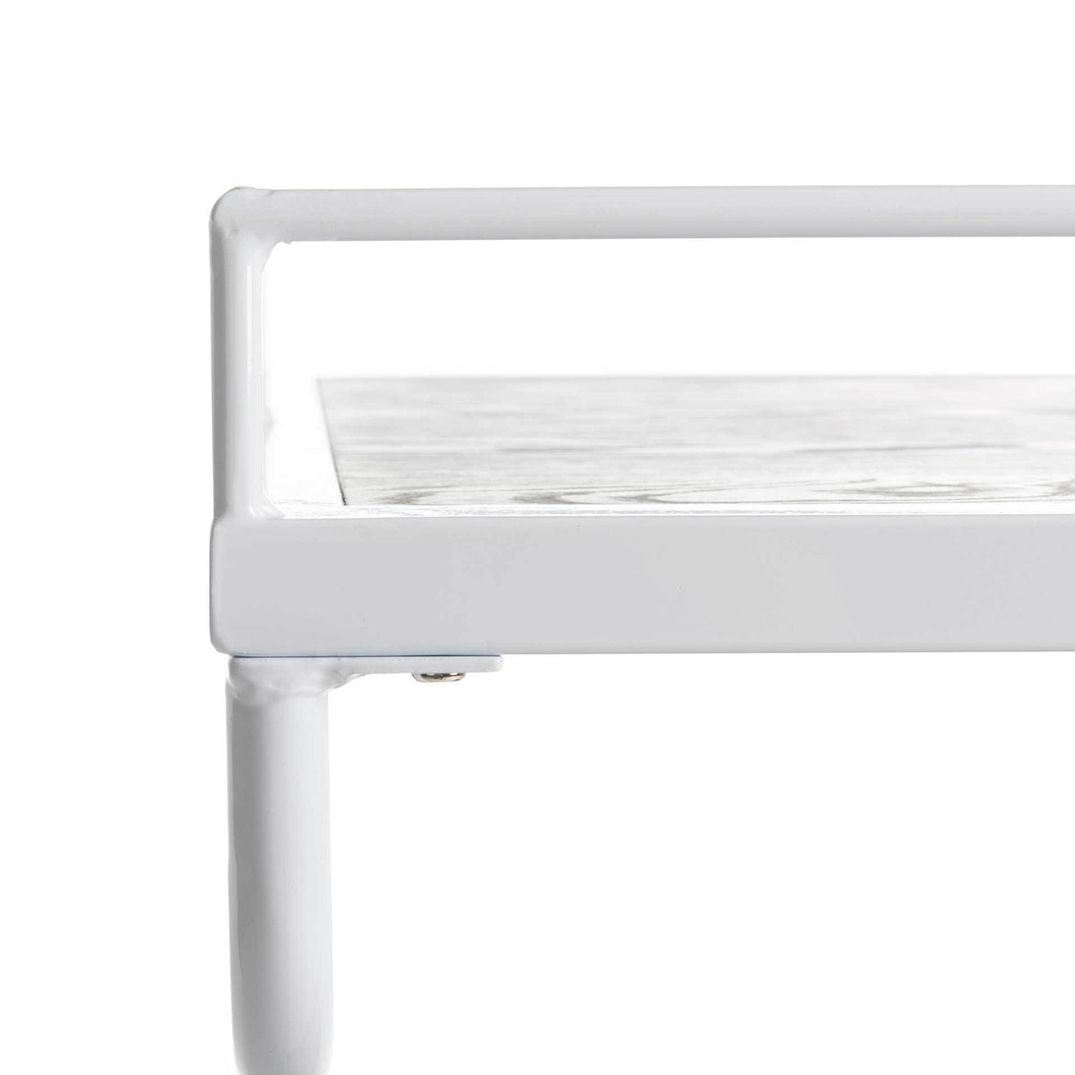 Smooth white metal rails border a wood-grain shelf for a clean, polished finish