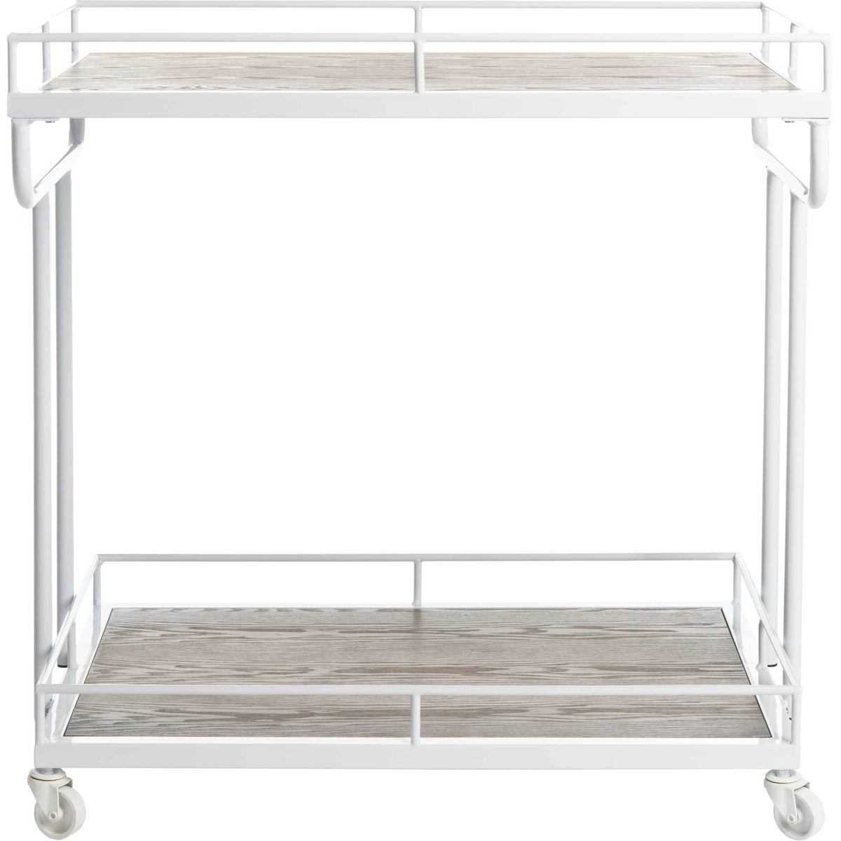 Two spacious wood-grain tiers are framed by white metal rails and set on casters || BCT6200B || front_studio