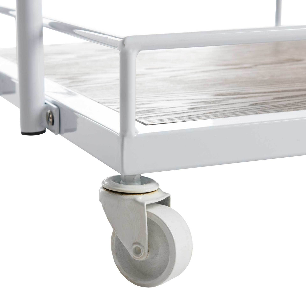 A sturdy caster adds easy mobility beneath the white-framed serving cart
