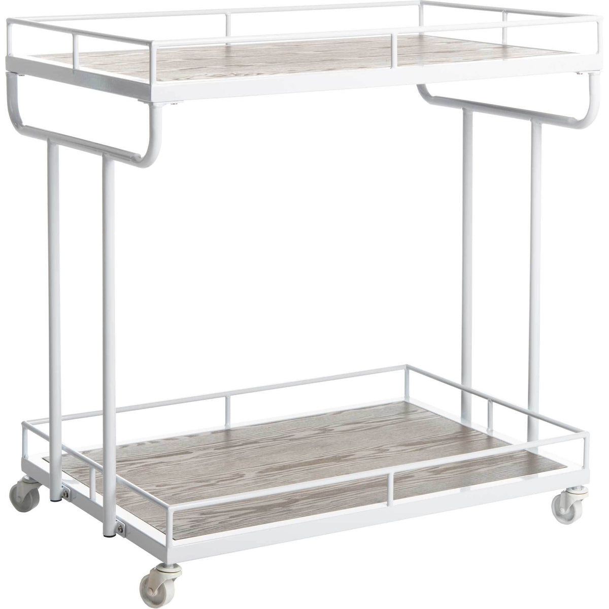 Rustic oak-look shelves and crisp white rails give this rolling bar cart a light, inviting feel || BCT6200B || front_angle_studio