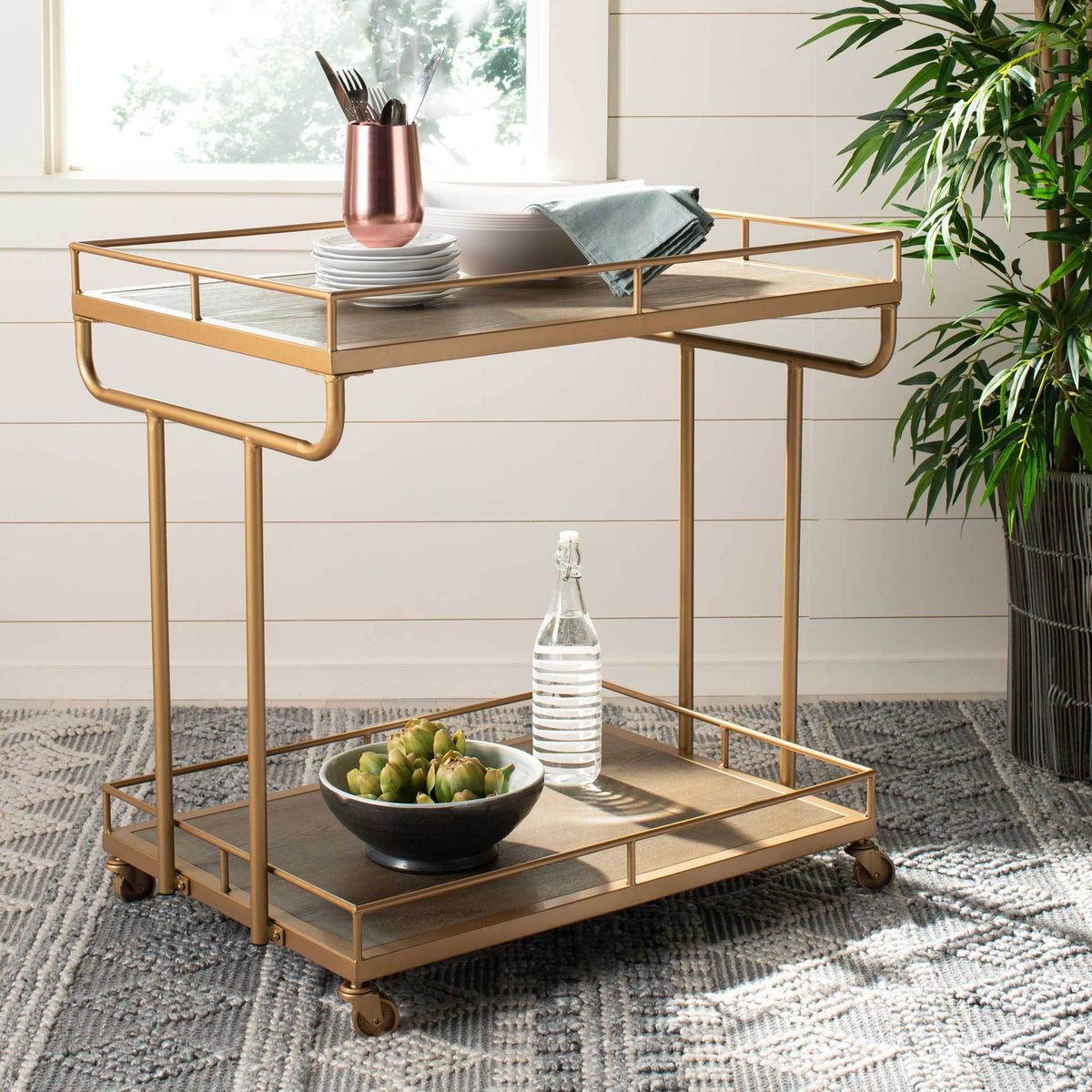 Damari 2 Tier Rectangle Bar Cart Rustic Oak/Gold