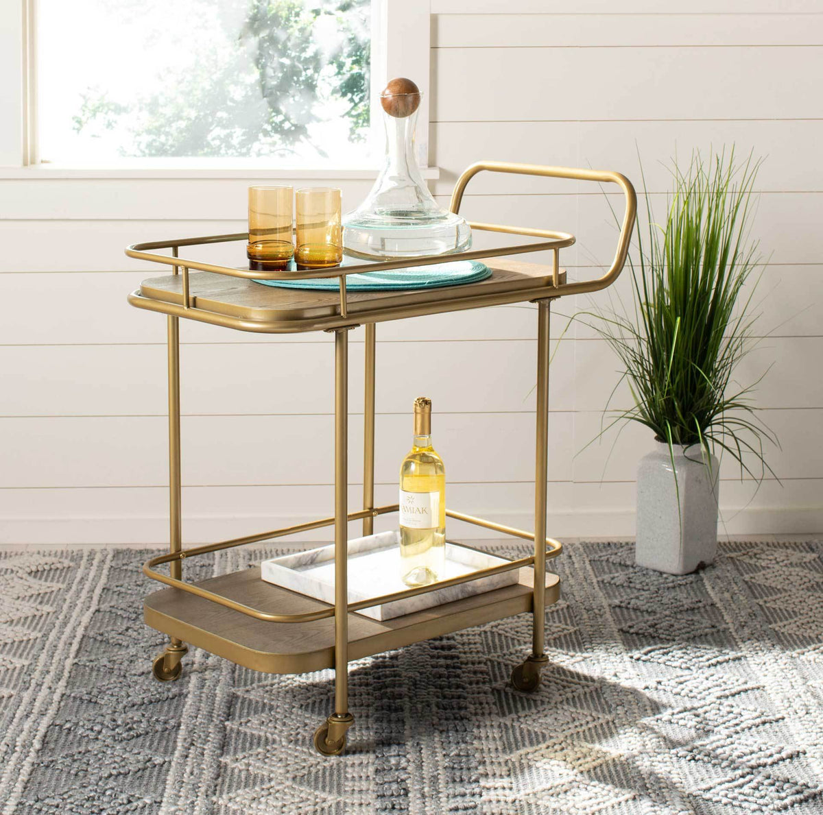 Gabriela 2 Tier Rectangle Bar Cart Rustic Oak/Gold