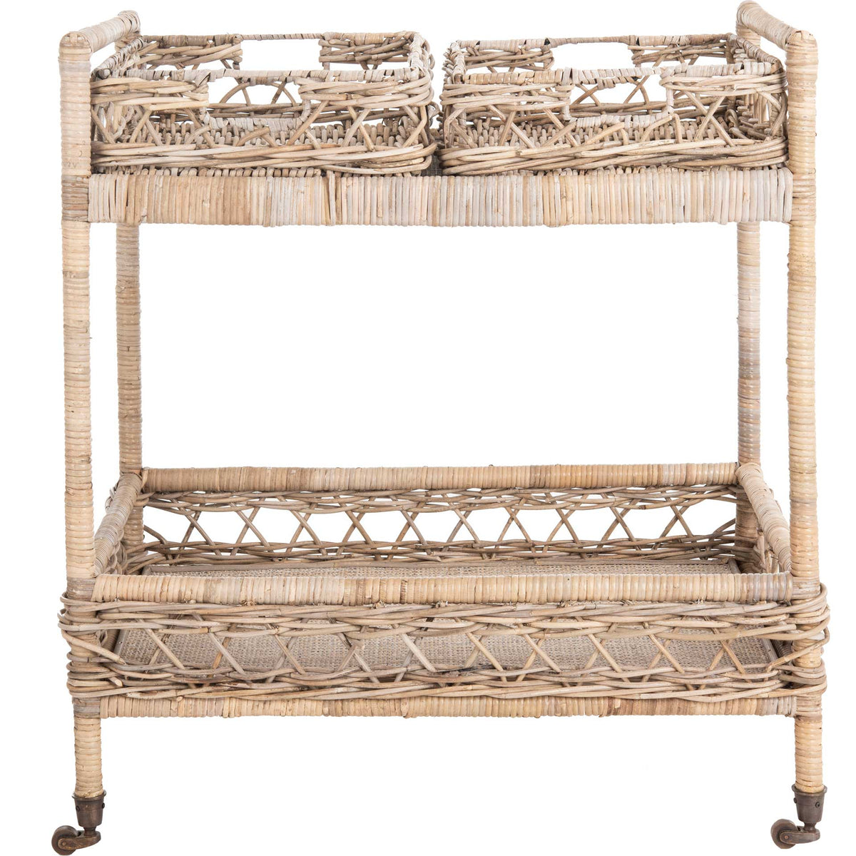 Two woven rattan trays sit above a roomy lower basket on a wheeled bar cart. || BCT6500A || front_studio