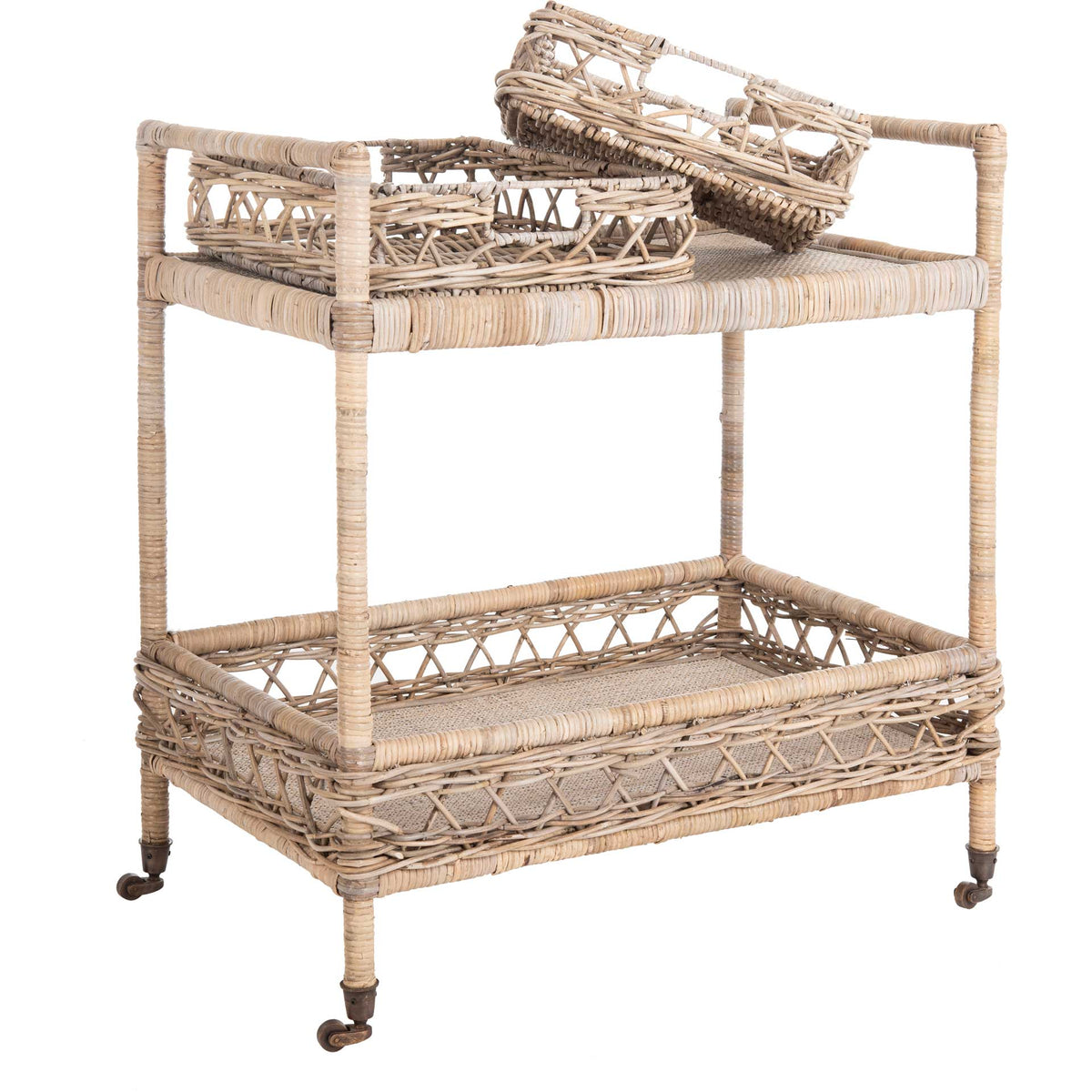 A removable woven tray gives this two-tier rattan bar cart flexible space for serving. || BCT6500A || front_angle_studio