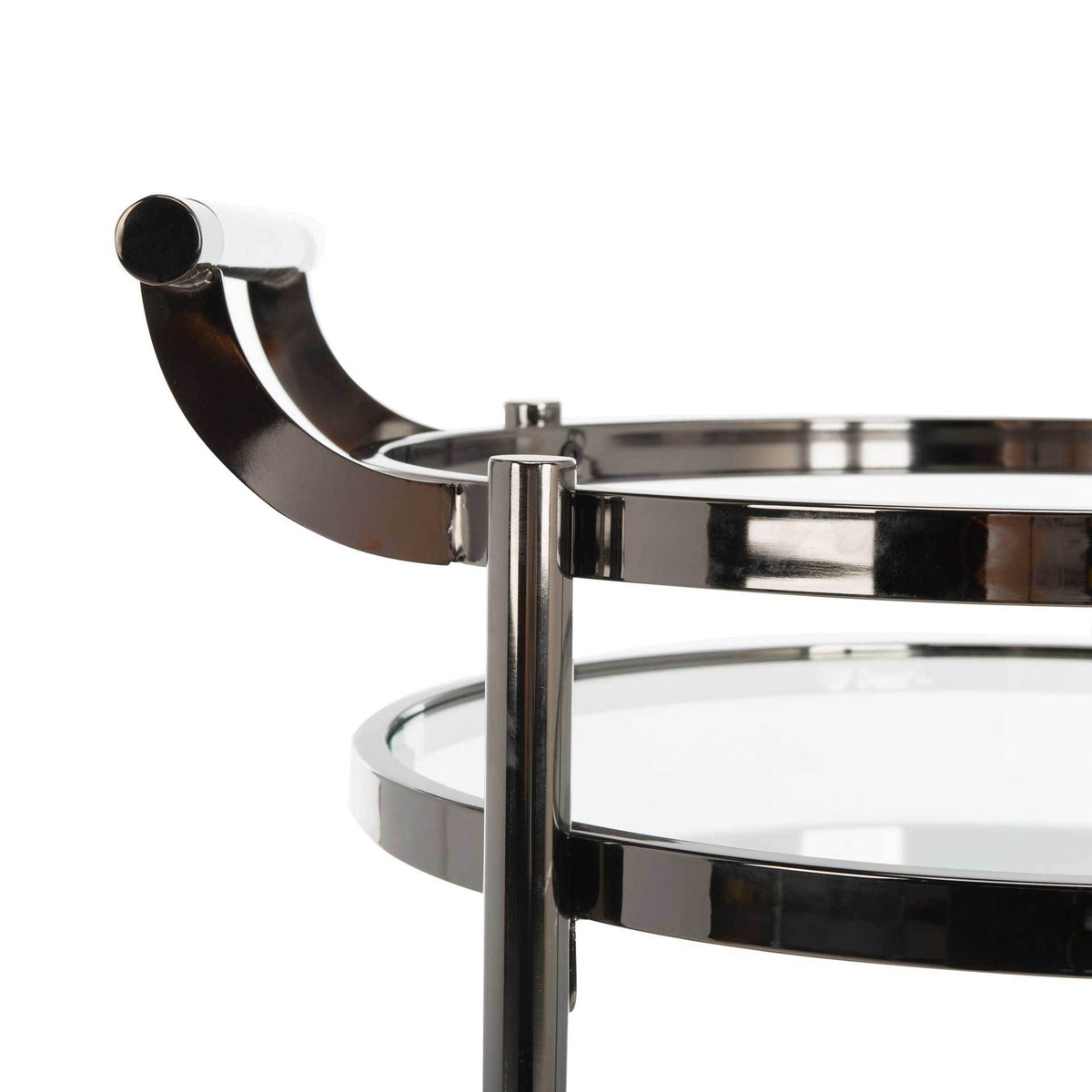 A curved black nickel handle rises above a polished rail and clear glass serving tier