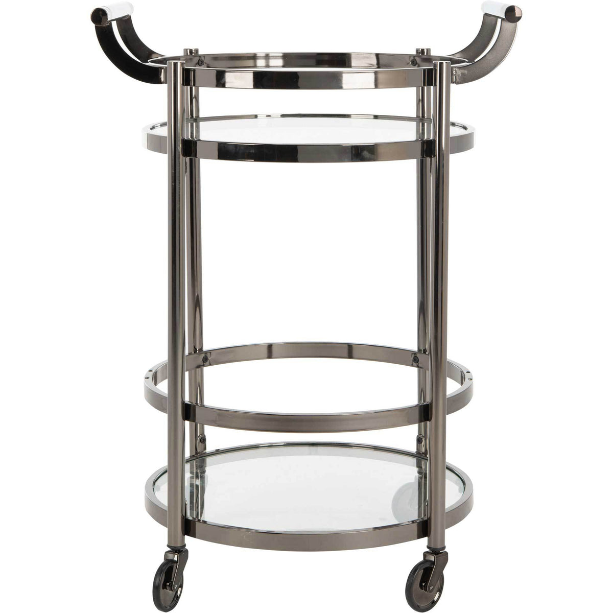 A black nickel finish frames clear glass tiers and sweeping handles on a wheeled cart || BCT8001A || front_studio