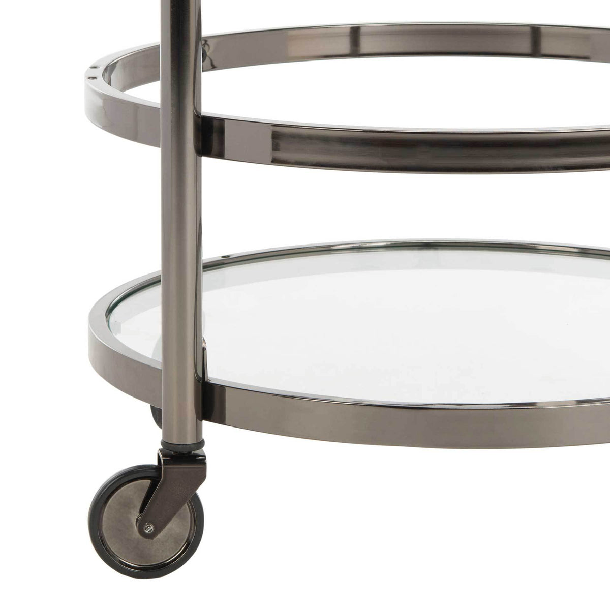 A dark metal leg and rounded caster support the cart's clear glass bottom shelf