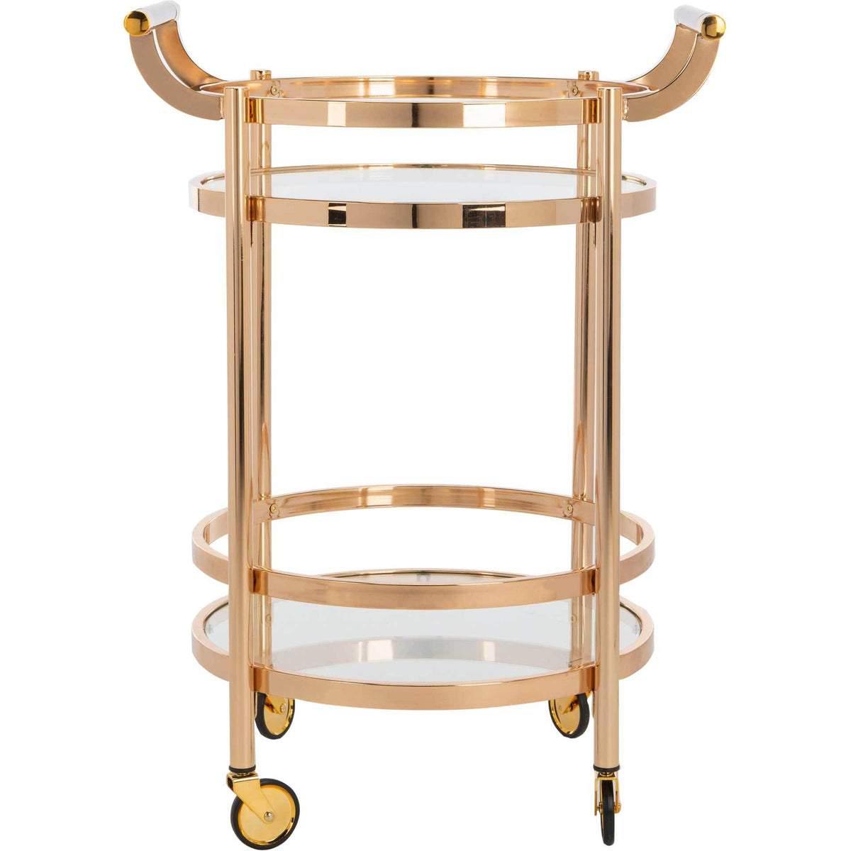 Curved handles and raised gold rims give this two-tier glass bar cart an elegant silhouette || BCT8001B || front_studio
