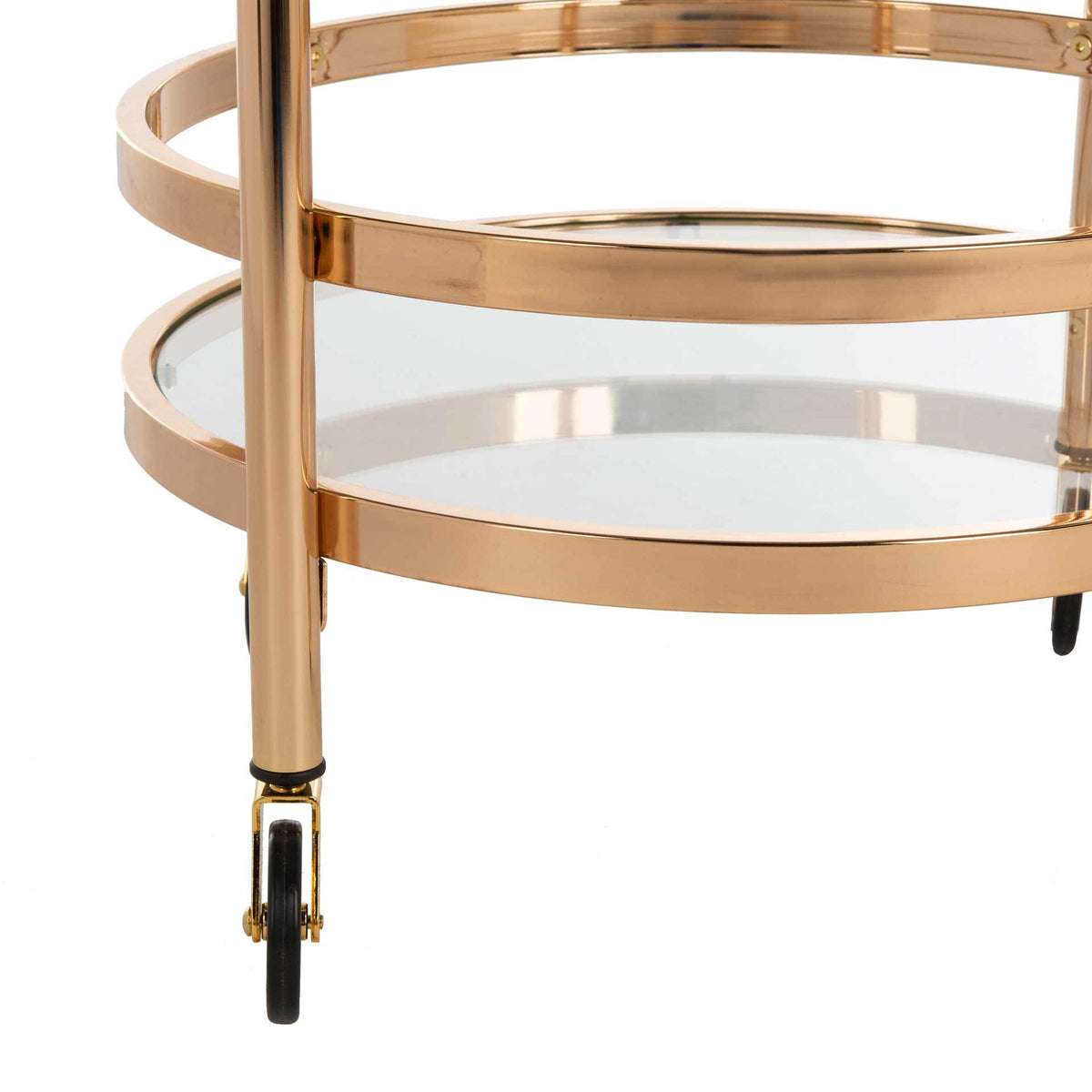 A gold-finished support and dark rolling caster anchor the lower glass shelf