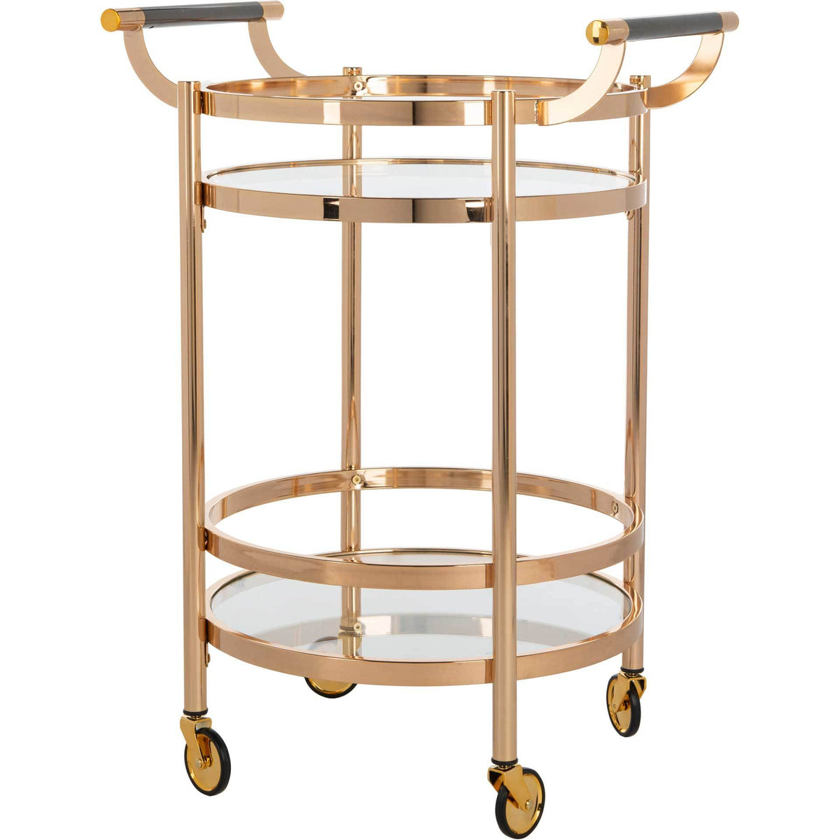 Warm gold rails encircle two glass shelves above gold-accented rolling casters || BCT8001B || front_angle_studio