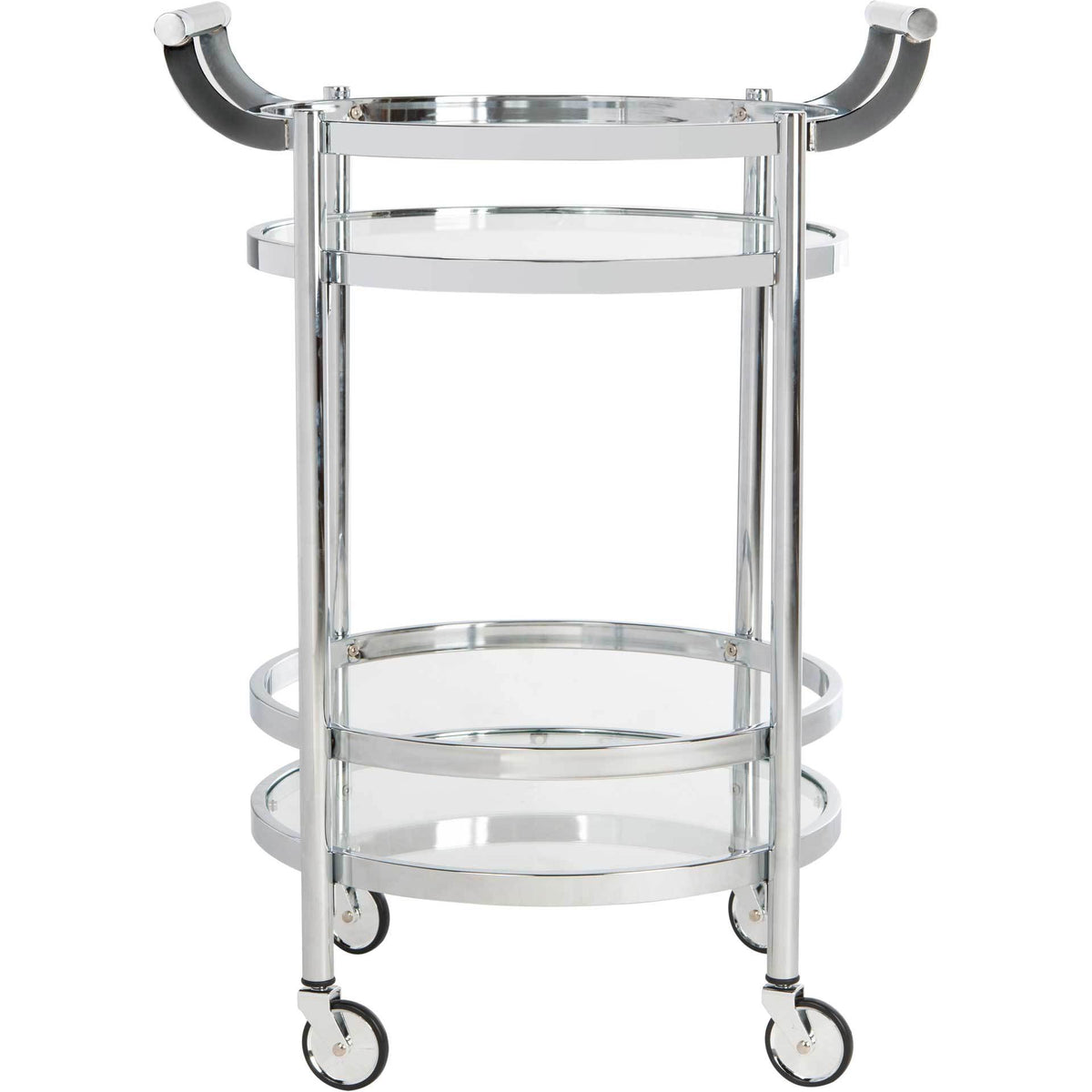 Two clear glass serving tiers sit beneath the curved handles of a chrome bar cart || BCT8001C || front_studio