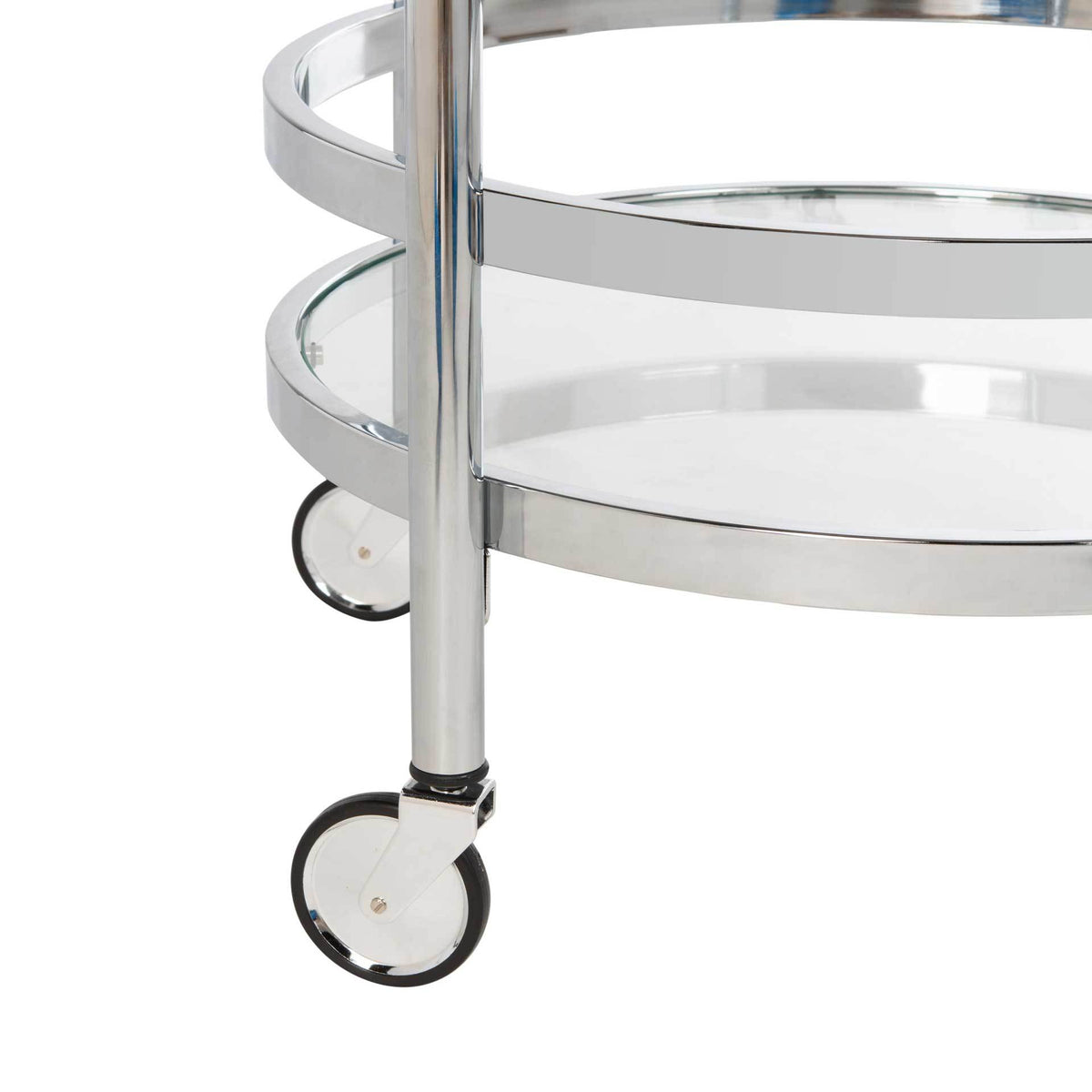 A chrome cart leg ends in a rolling caster below the clear glass lower tier