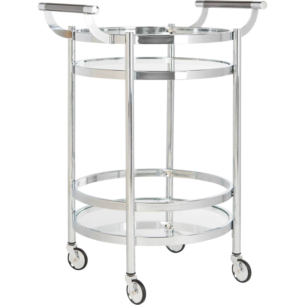 Polished chrome rails surround two clear glass tiers on a curved, wheeled bar cart || BCT8001C || front_angle_studio
