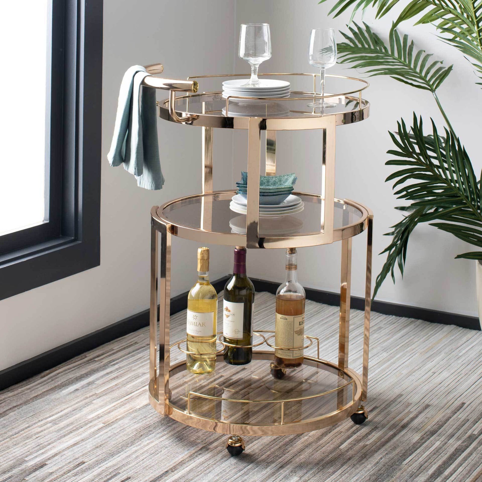 Ricky 3 Tier Round Bar Cart and Wine Rack Gold/Tinted Glass