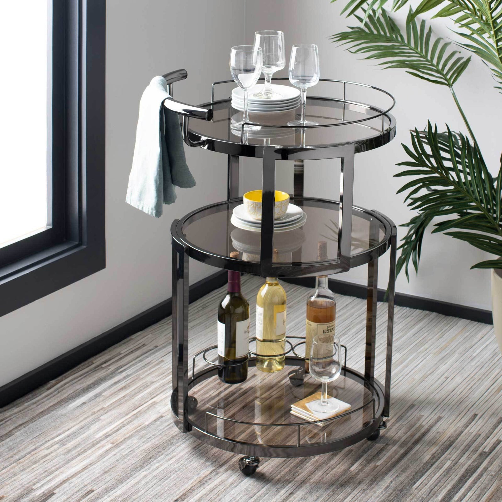 Ricky 3 Tier Round Bar Cart and Wine Rack Gun Metal/Tinted Glass