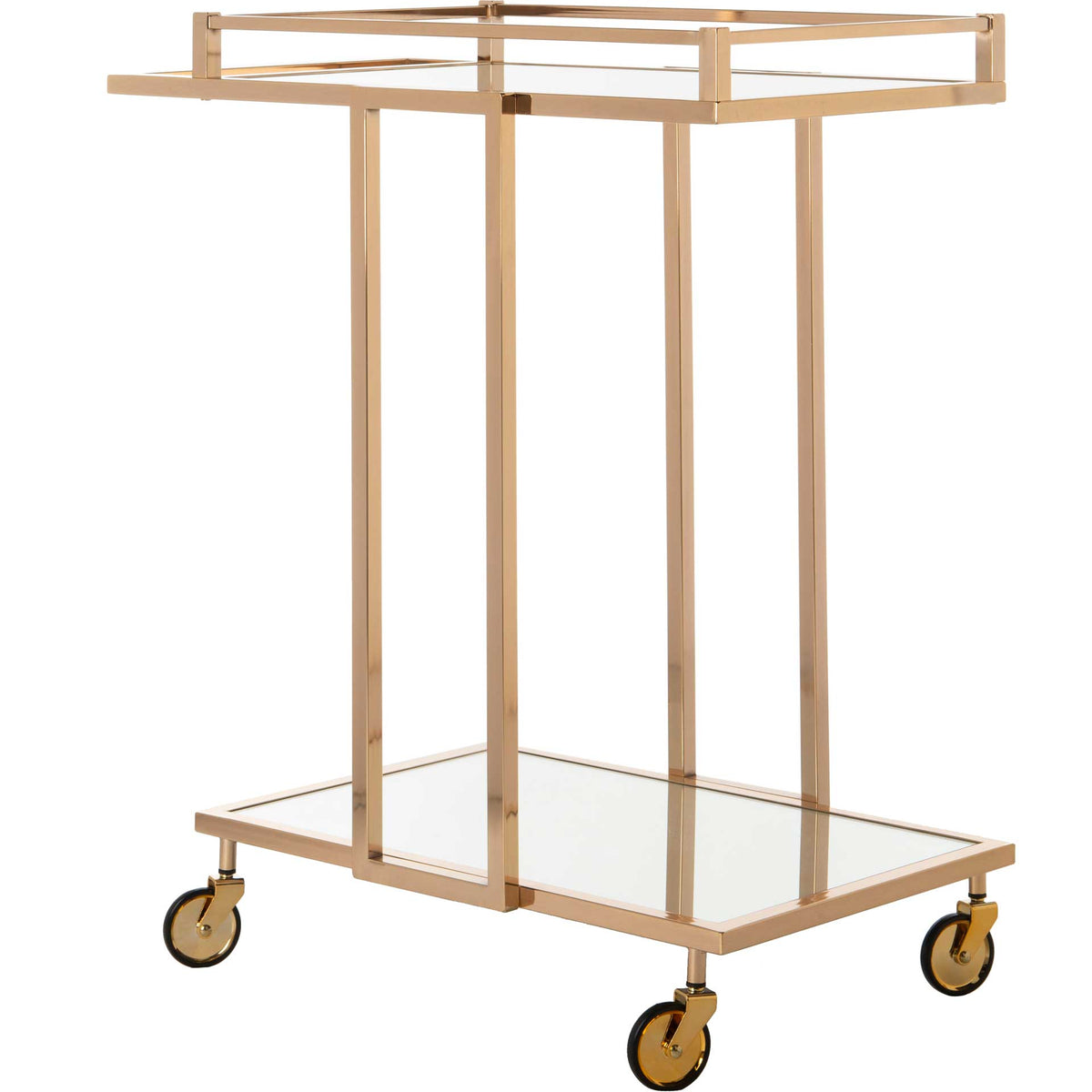 Reflective glass shelves and an open gold metal frame give this rolling serving cart an airy look