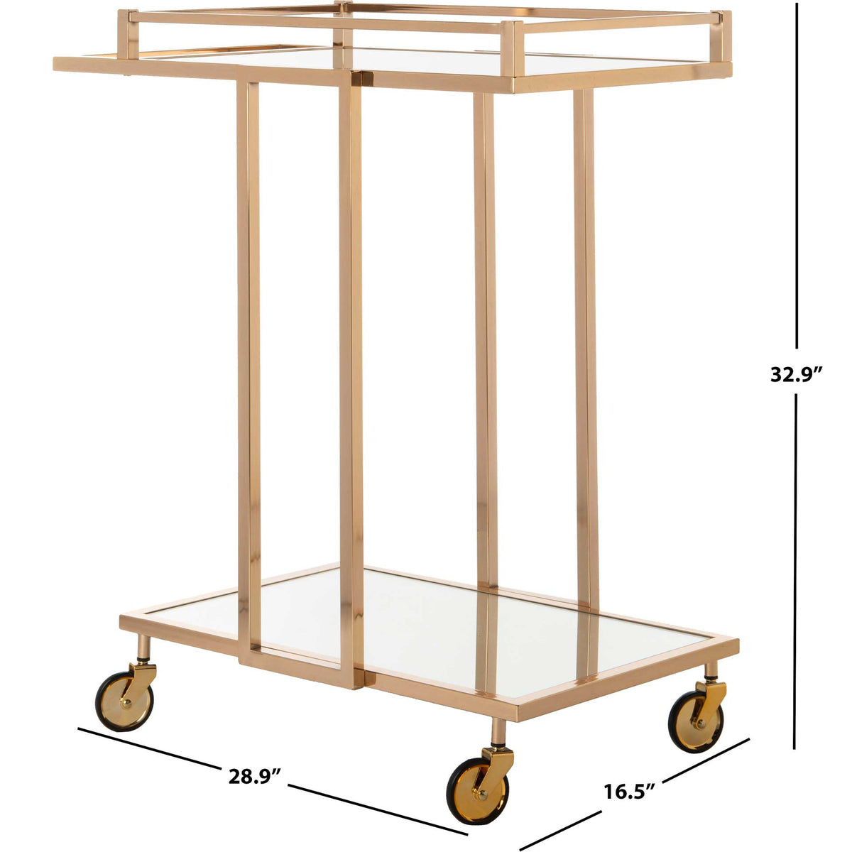 Gold-tone rolling cart measures 28.9 inches wide, 16.5 inches deep, and 32.9 inches high