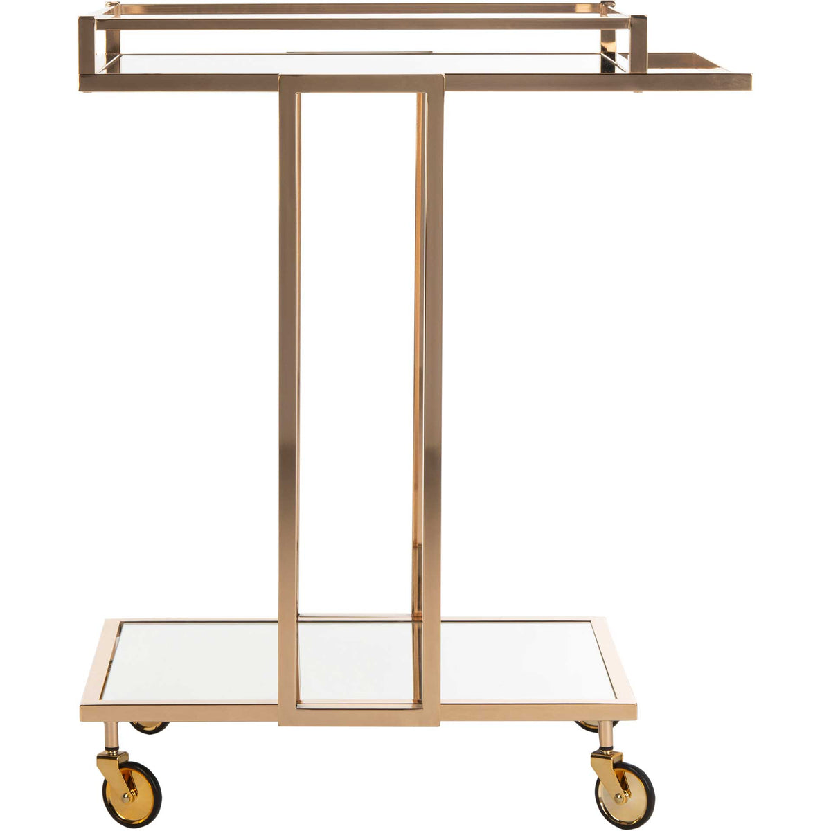 Slim gold supports hold a mirrored top tray and broad lower shelf above four caster wheels || BCT8003A || front_studio