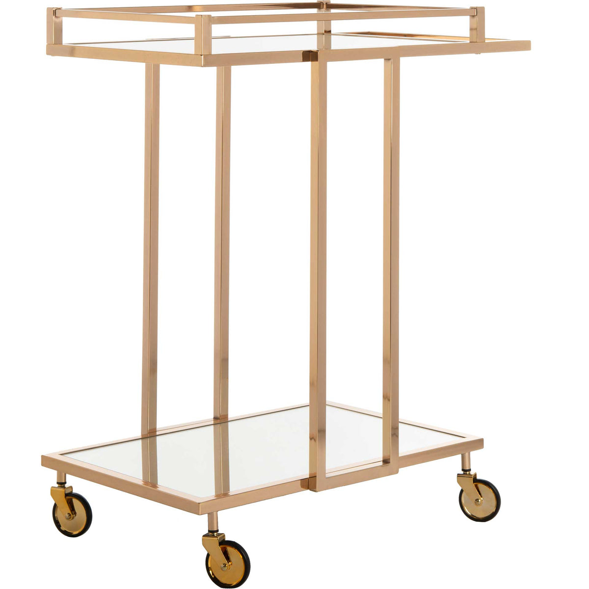 Gold-tone bar cart combines raised tray rails, mirrored tiers, and a built-in push handle || BCT8003A || front_angle_studio