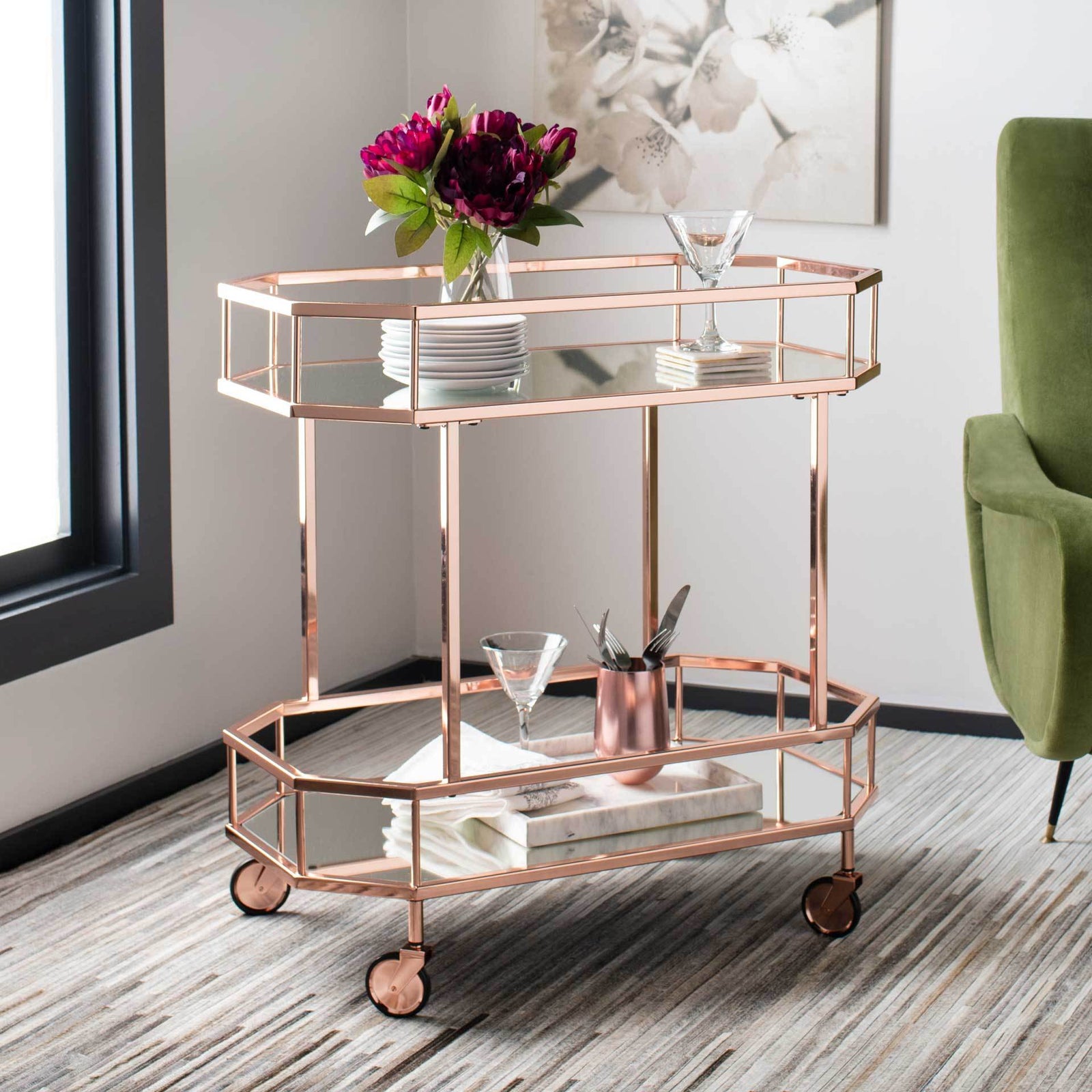 Sincere 2 Tier Octagon Bar Cart Rose Gold/Mirror
