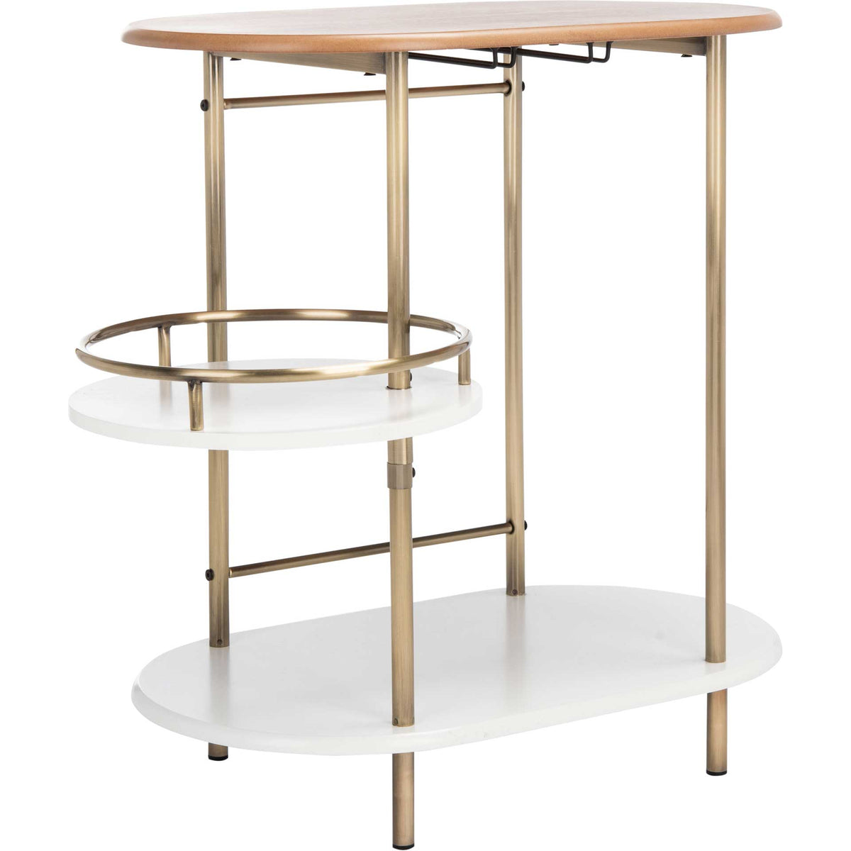 A light walnut tabletop crowns a gold-tone frame, white shelves, and a circular swivel tray. || BCT8007A || front_angle_studio