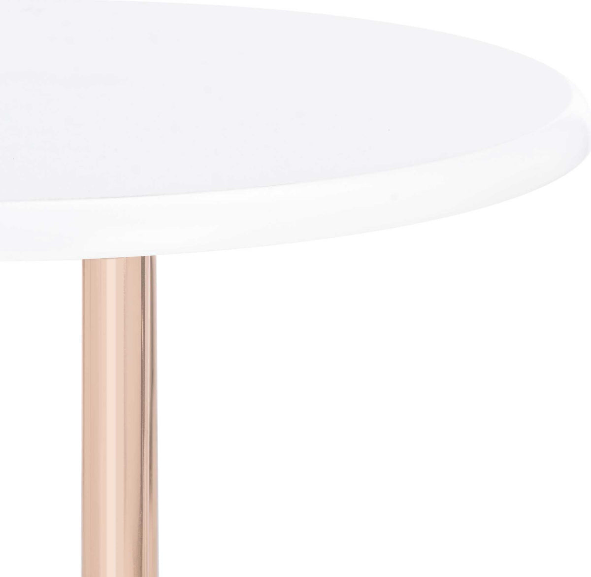The smooth white tabletop has a softly rounded edge above polished gold-tone supports.