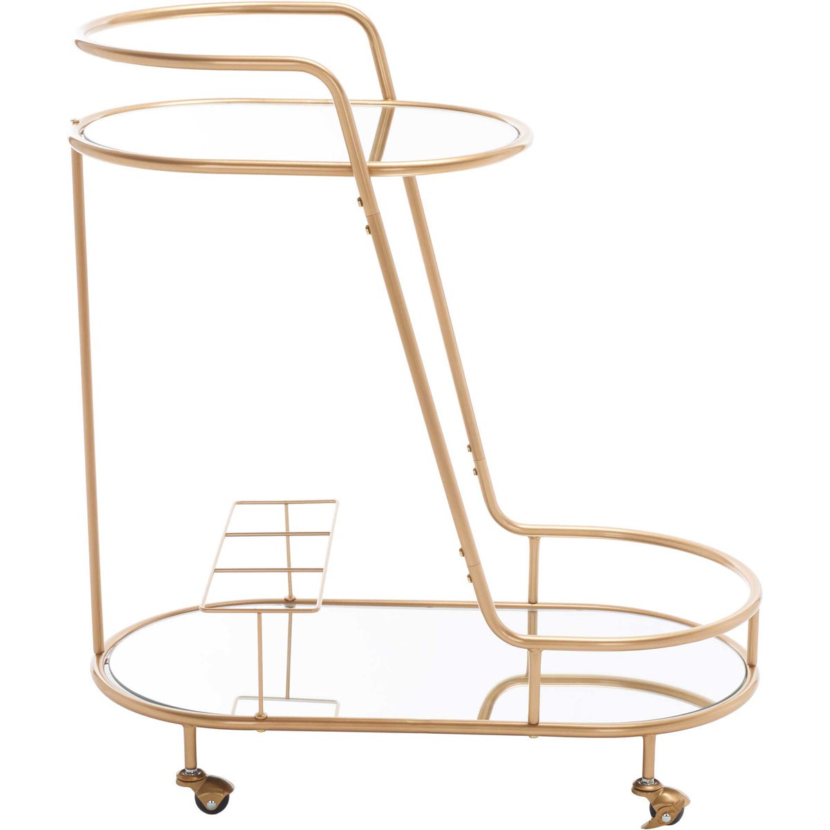 A raised oval shelf sits above a roomy mirrored base on this champagne gold bar cart. || BCT8008A || front_studio