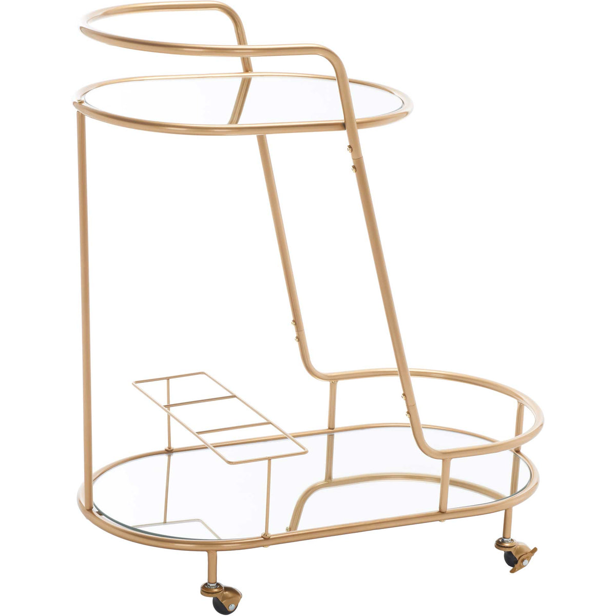 Two oval mirrored shelves and a curved champagne gold frame give this wheeled bar cart an airy look. || BCT8008A || front_angle_studio