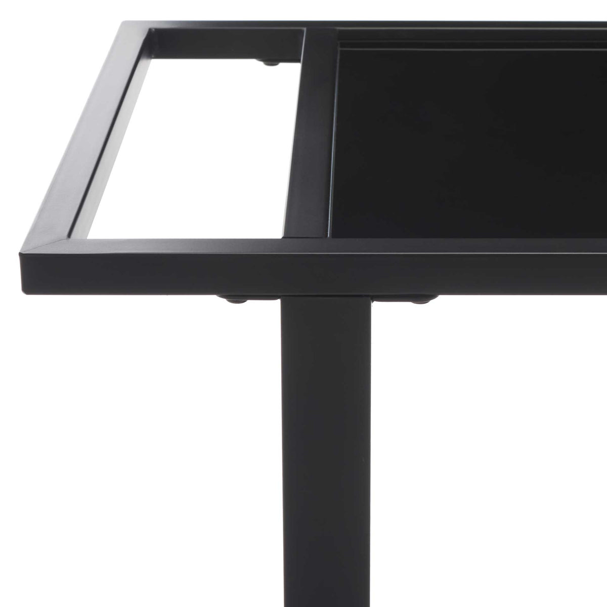 An open handle joins the matte black frame beside the smooth black glass top.