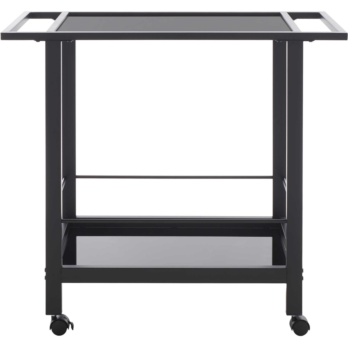 Clean lines, integrated handles, and two black glass tiers make this bar cart ready for entertaining. || BCT8009A || front_studio