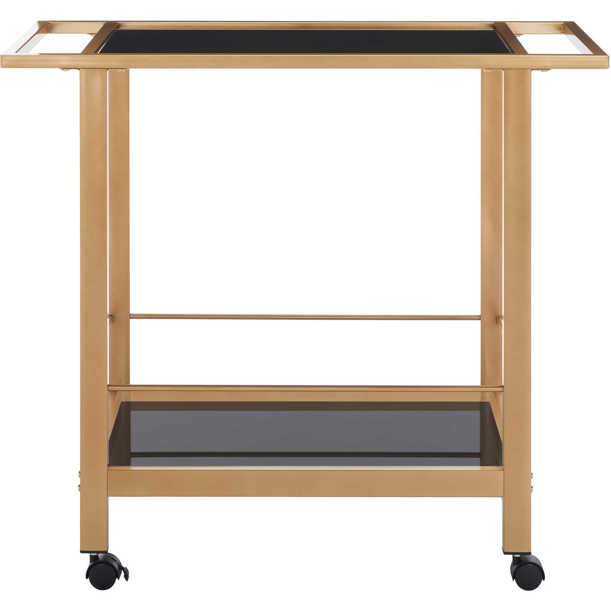 Black glass tiers bring sleek contrast to a matte gold bar cart with integrated handles. || BCT8009B || front_studio