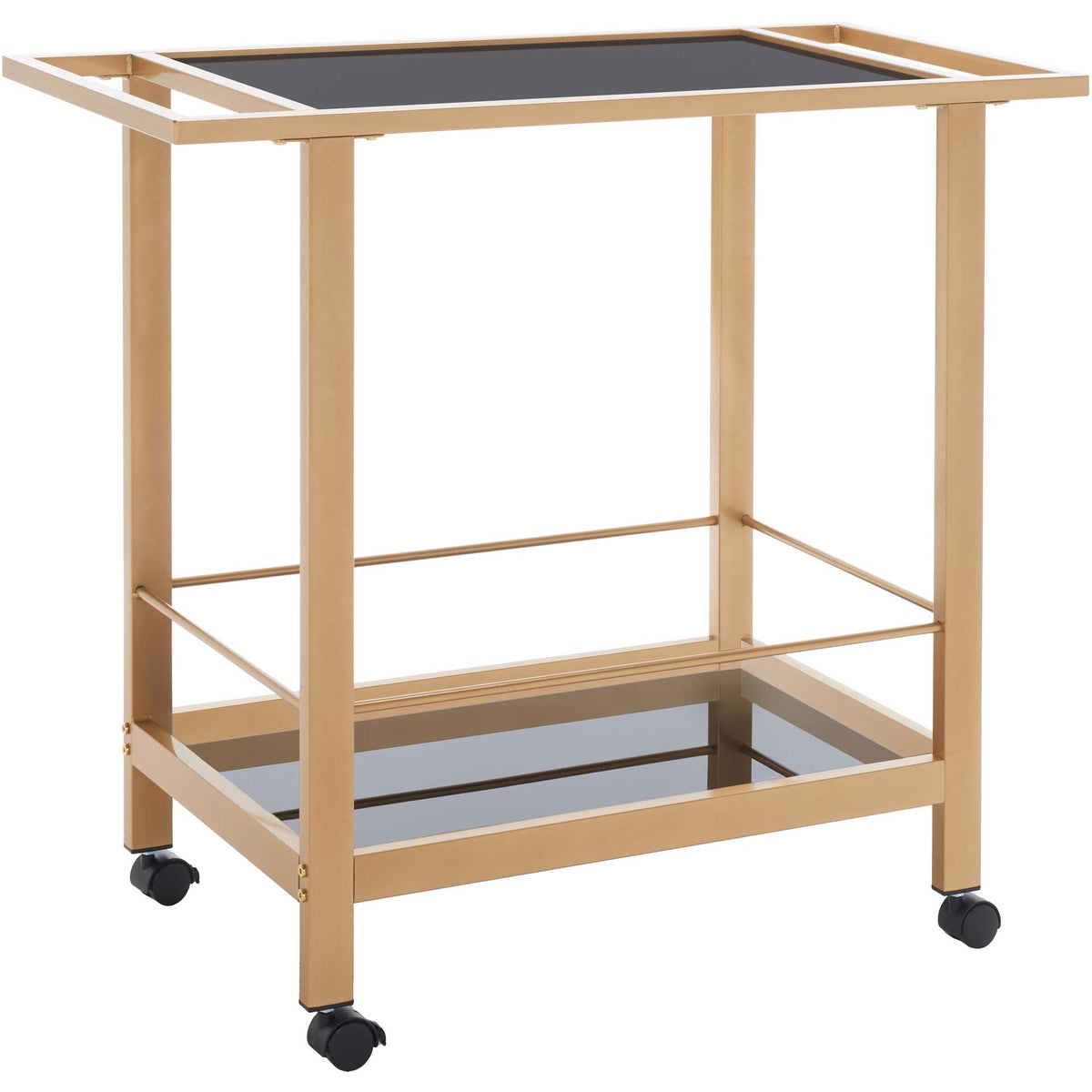 A matte gold frame surrounds two black glass tiers, with open handles and casters ready for entertaining. || BCT8009B || front_angle_studio