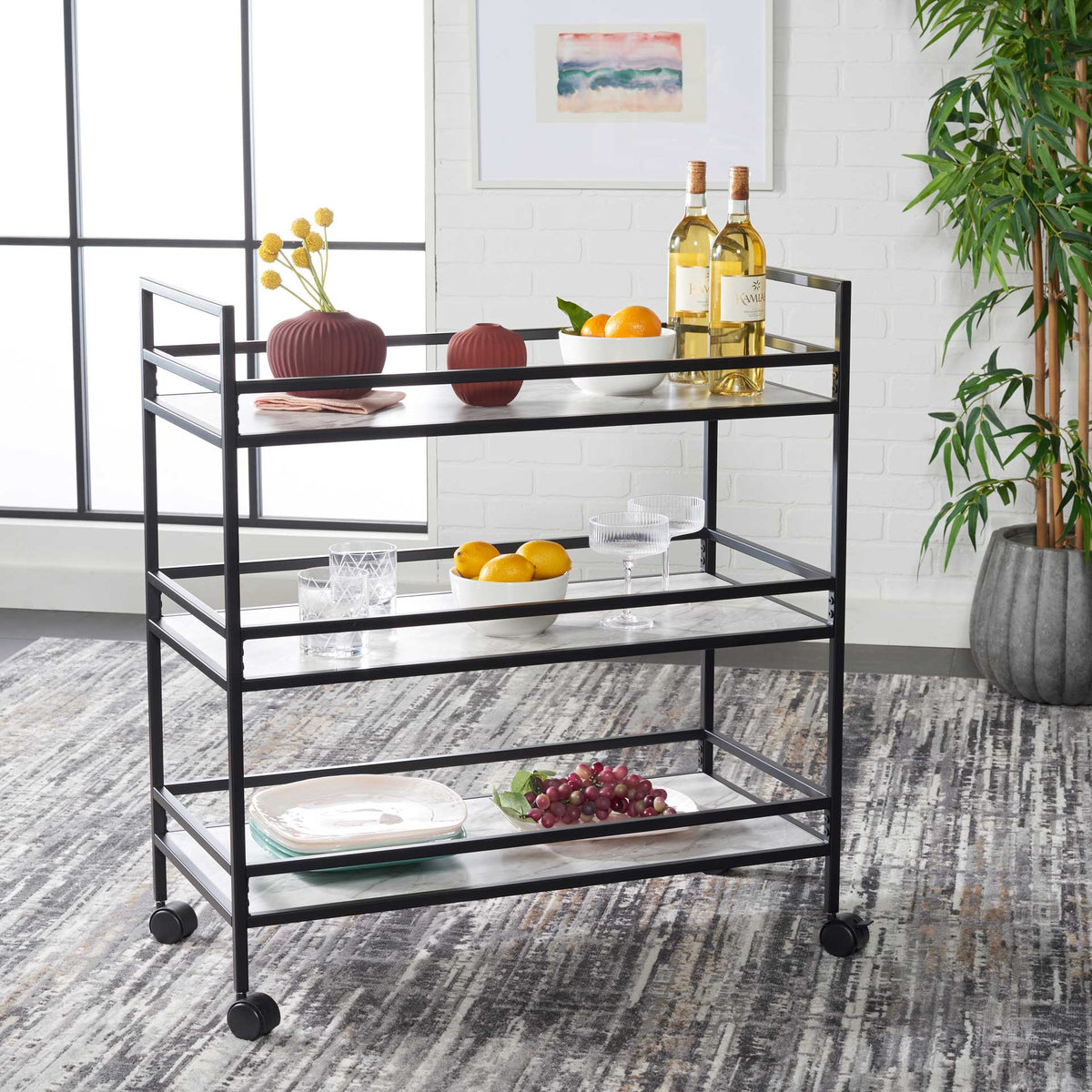 Idris 3 Tier Bar Cart Matte Black/Marble