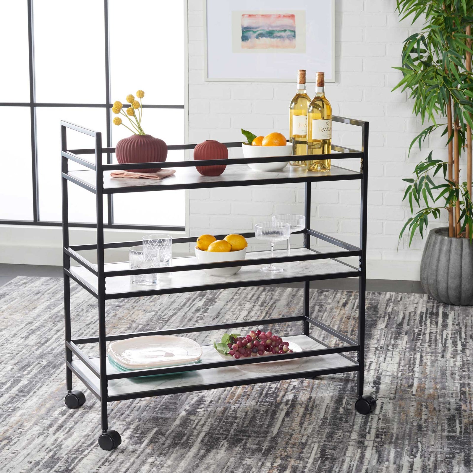 Idris 3 Tier Bar Cart Matte Black/Marble